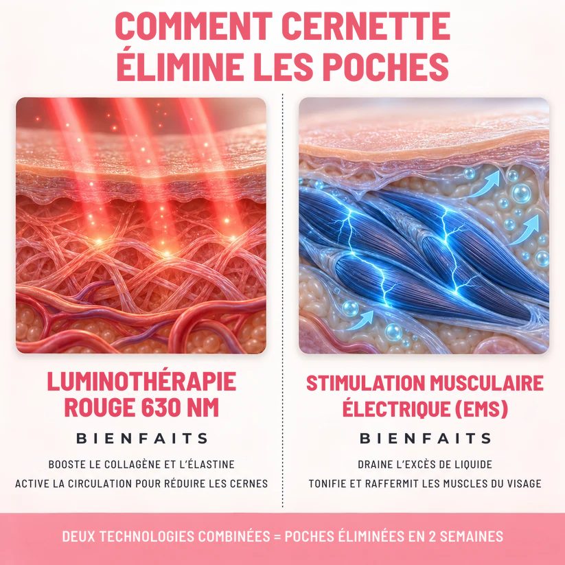 Comment Cernette élimine les poches : lumière rouge et micro-pulsations