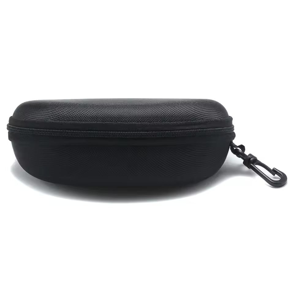 Étui de voyage rigide noir pour lunettes anti-cernes, fermé, avec mousqueton